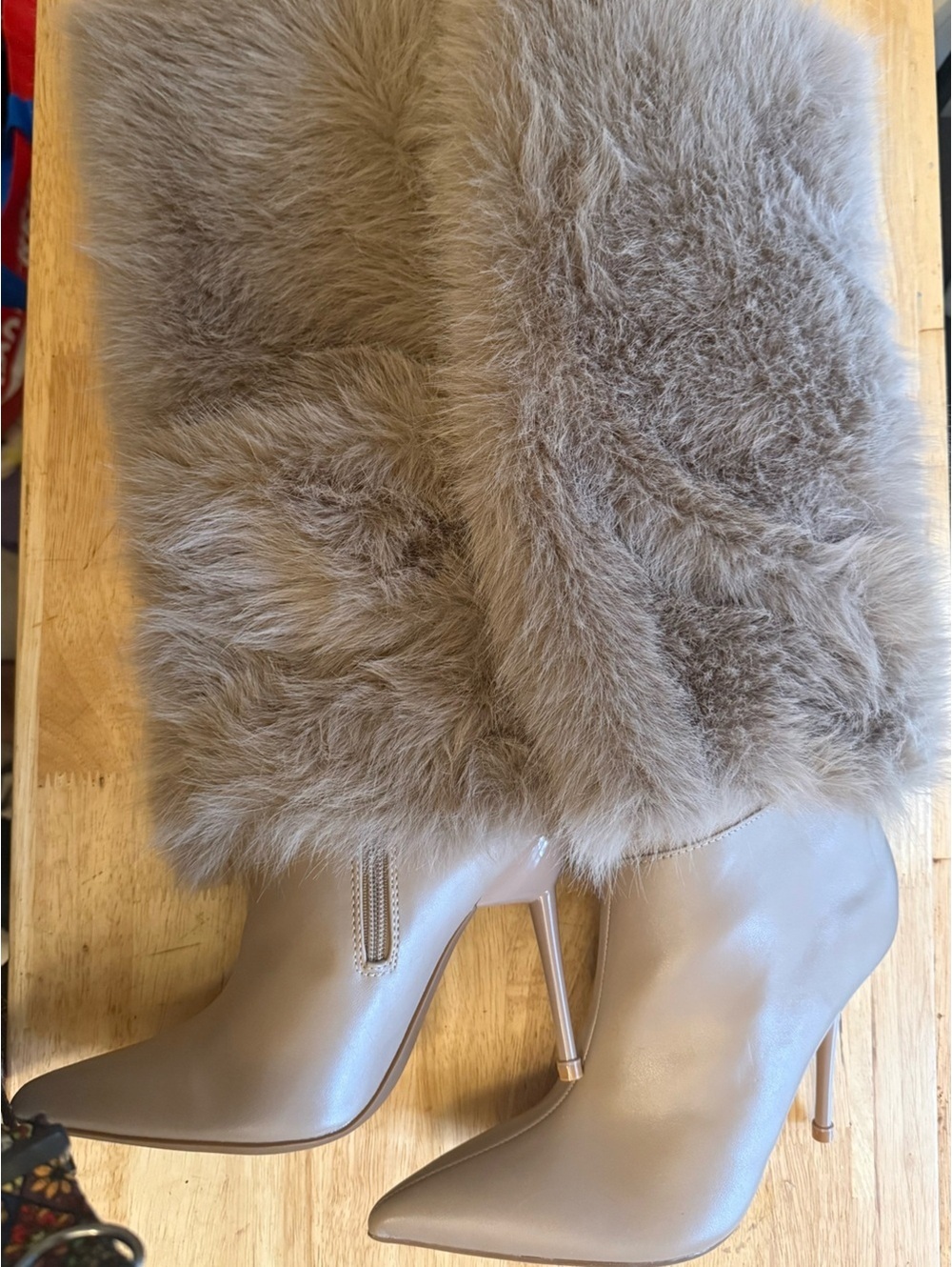 Faux-Fur Cuff Pointed Stiletto Knee Boots in Taupe 8.5